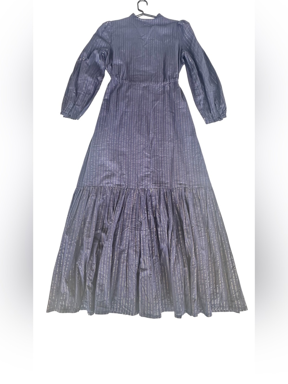 Emerson Fry India collection Navy Pinstripe Tiered Maxi Dress size S 100cotton - Picture 2 of 7